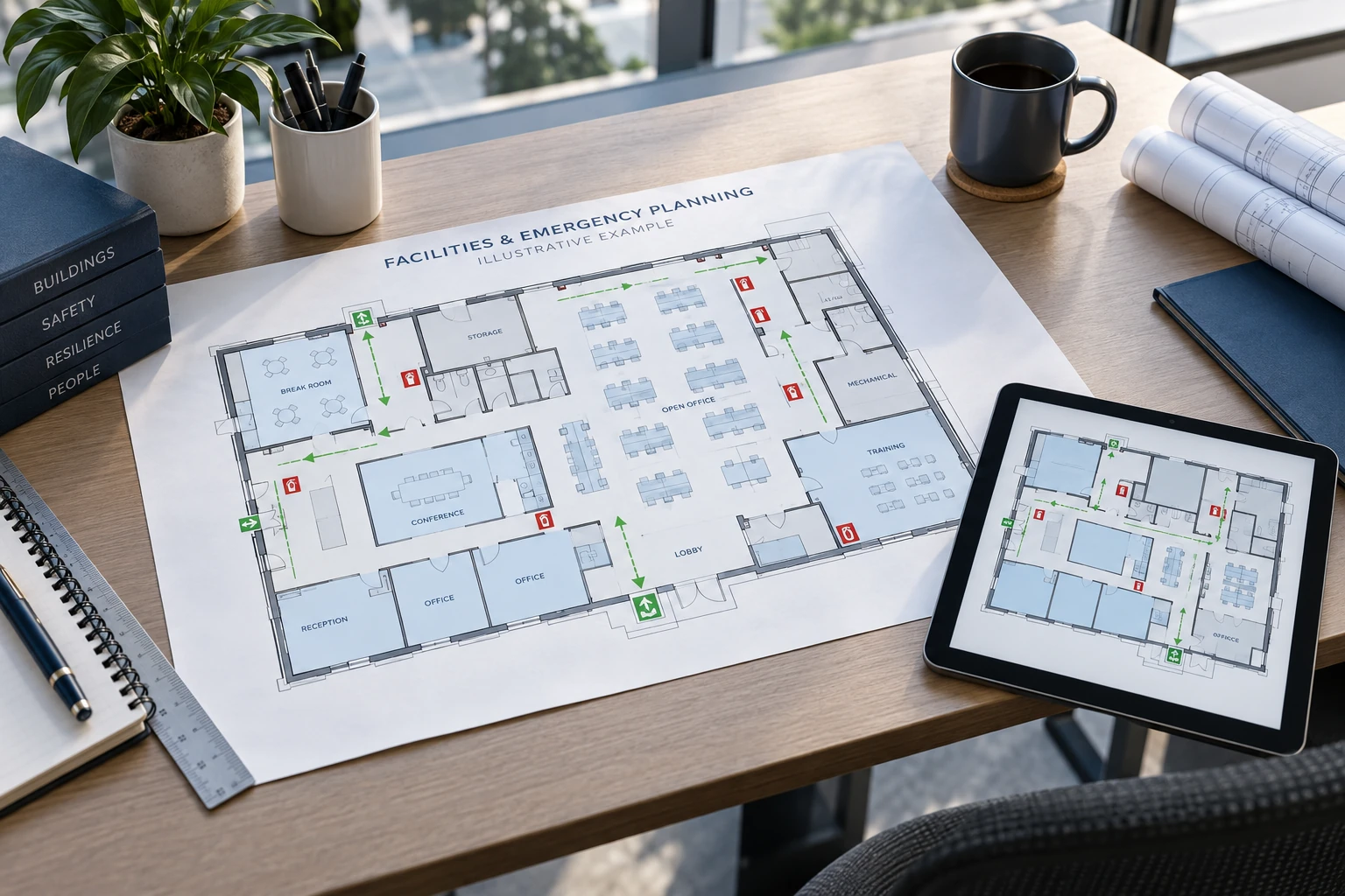Illustrative fictional facility plan with emergency routes and equipment markers beside a tablet