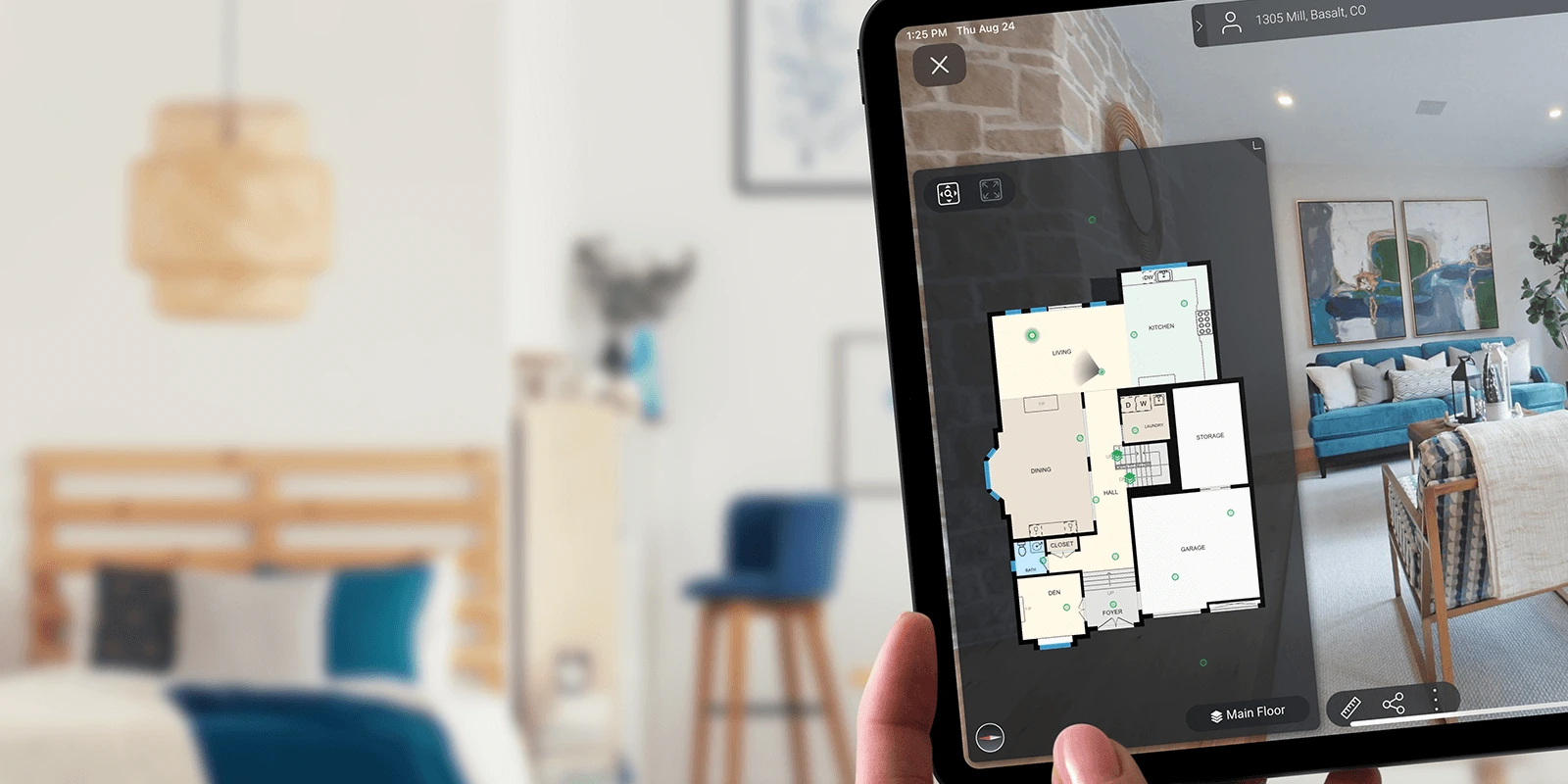 Tablet displaying a virtual walkthrough with an interactive floor plan alongside the interior view